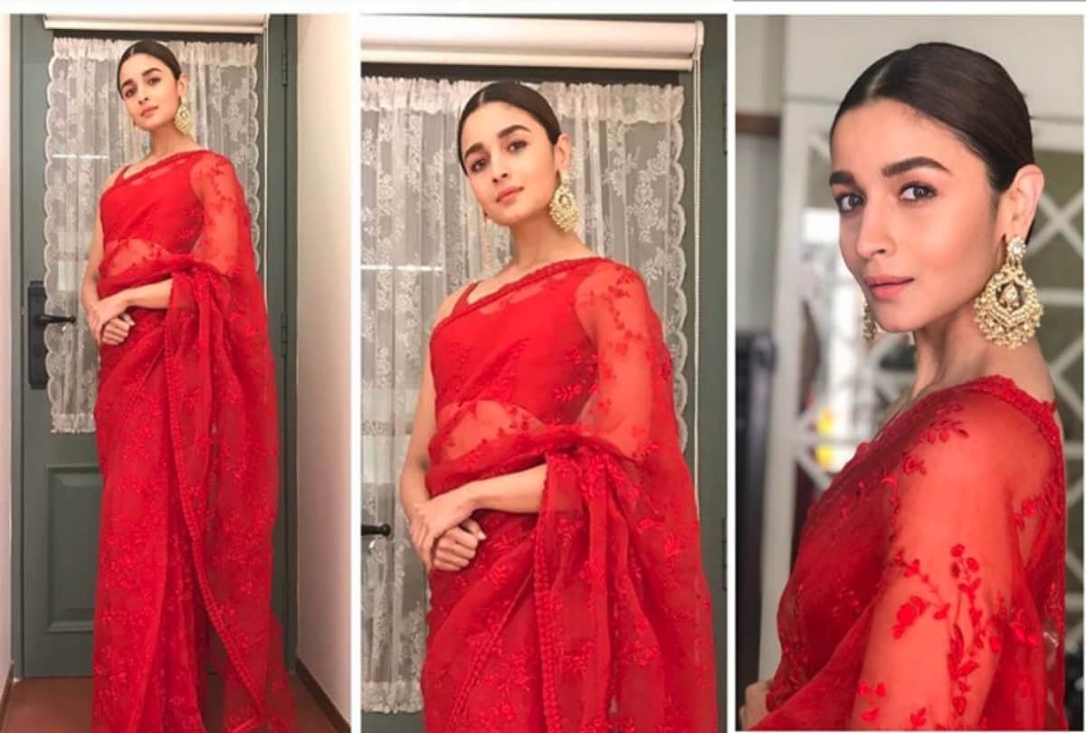 Alia Bhatt looks gorgeous in this beautiful red Sabyasachi saree and chandbali