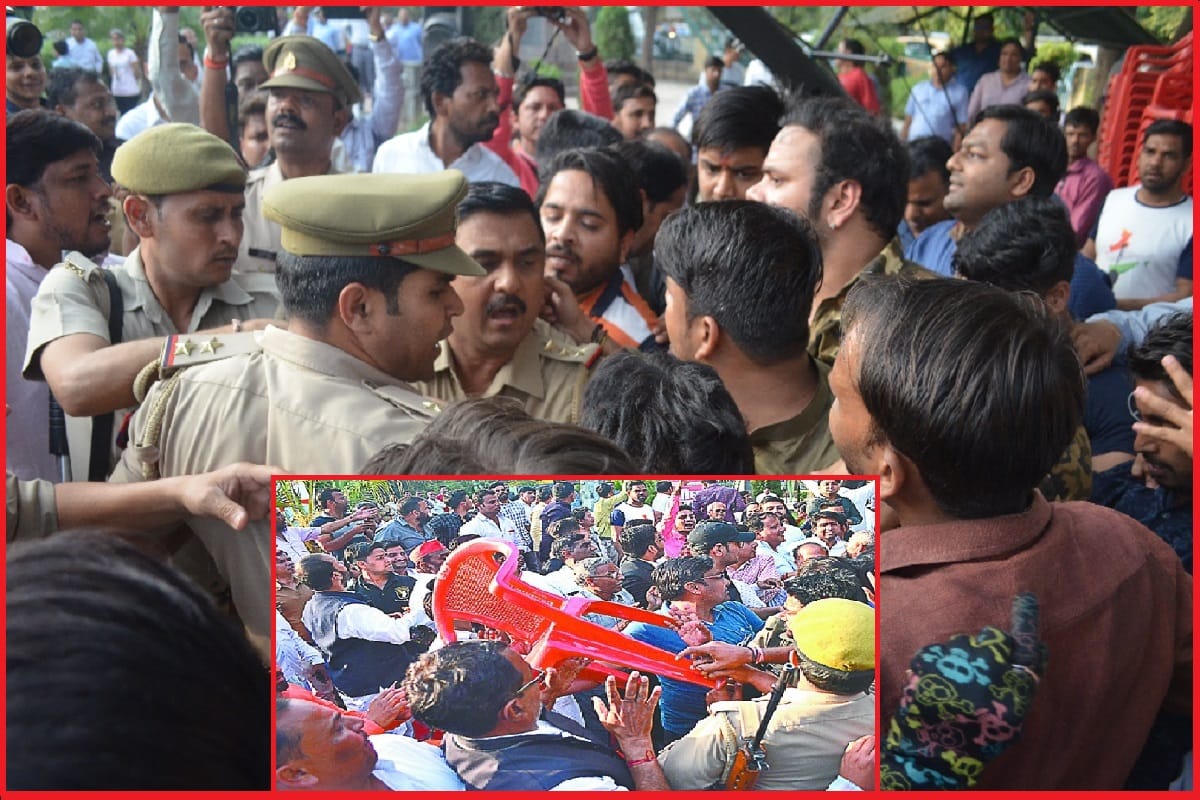 The fight between the supporters of BJP, SP and Congrees in TV debate at Meerut