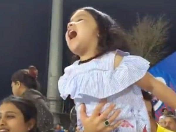 Ziva cheers for daddy MS Dhoni during DC vs CSK match at Feroz Shah Kotla