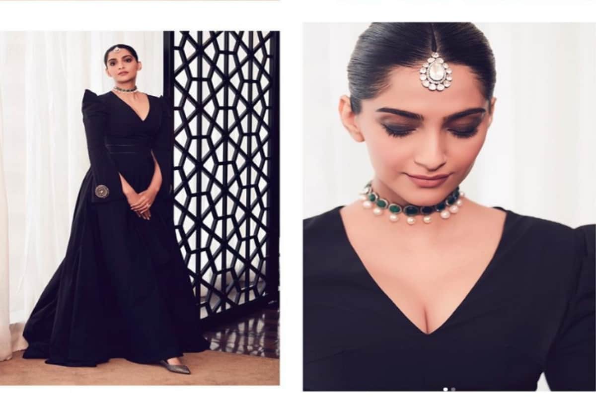Sonam Kapoor looks gorgeous in Black outfit emerald choker necklace and maang tika
