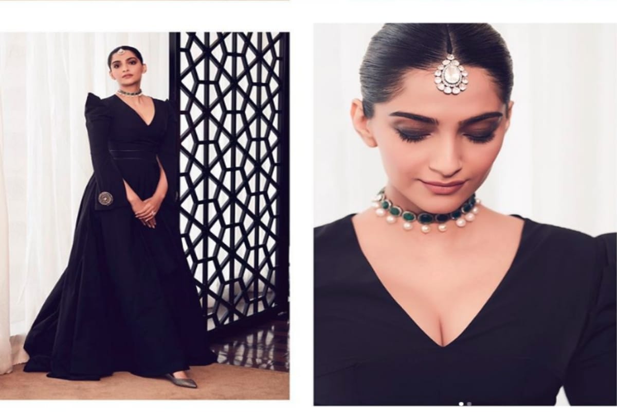 Sonam Kapoor looks gorgeous in Black outfit emerald choker necklace and maang tika