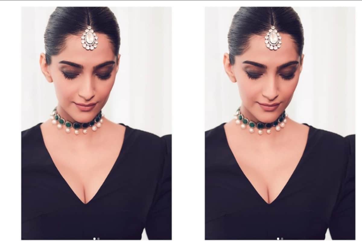 Sonam Kapoor looks gorgeous in Black outfit emerald choker necklace and maang tika