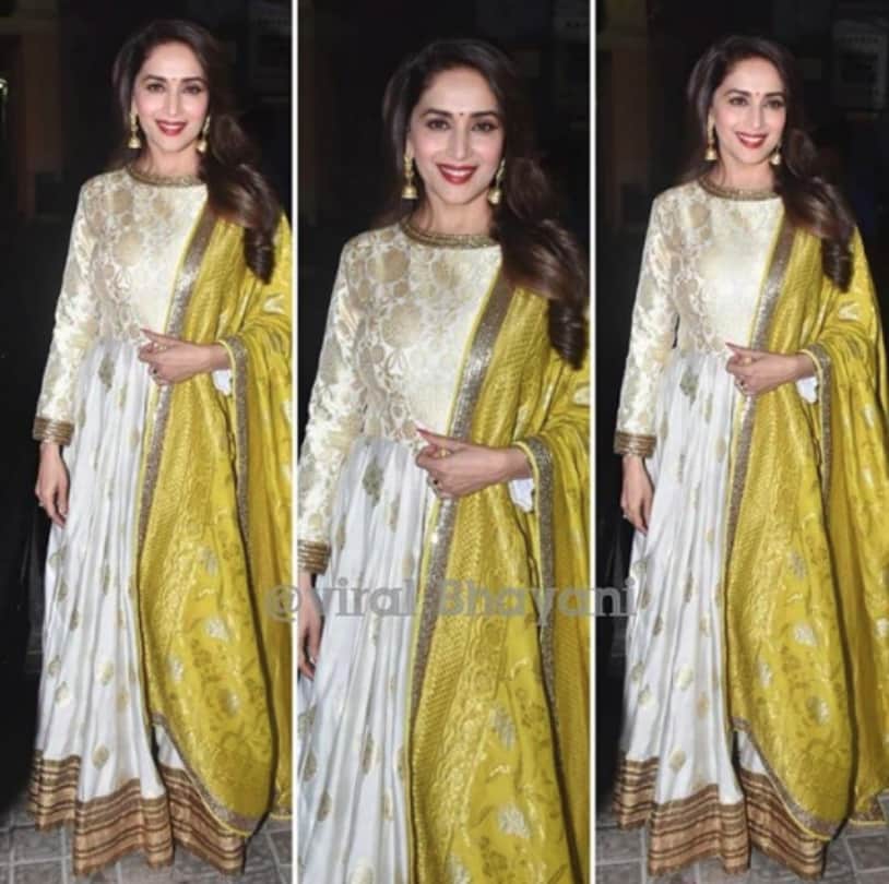 madhuri dixit new traditional look floor length anarkali and jhumka looks stylish