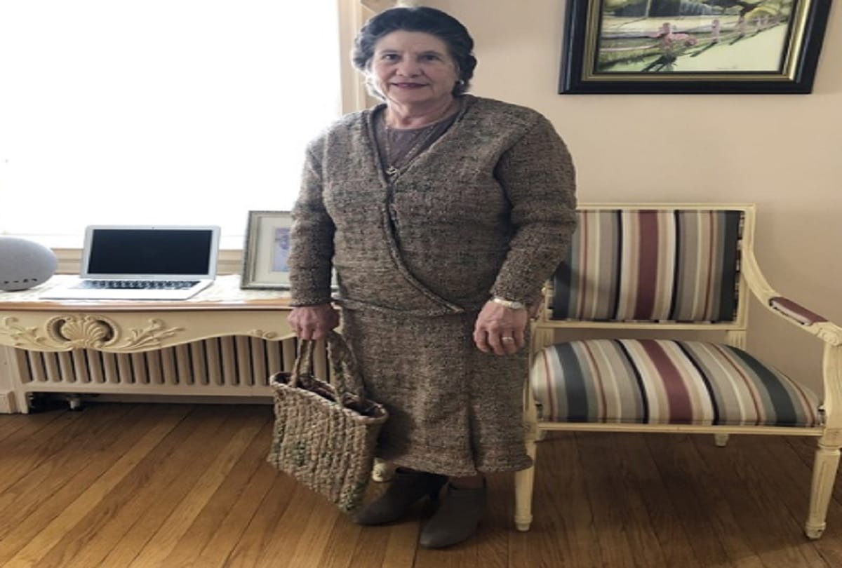 old Woman made an entire dress outfit with 300 plastic grocery bags in new york