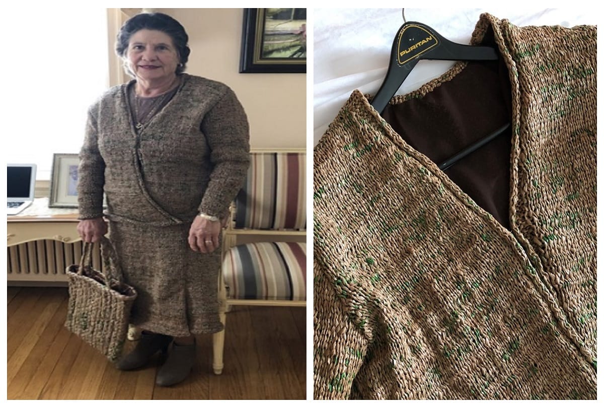 old Woman made an entire dress outfit with 300 plastic grocery bags in new york