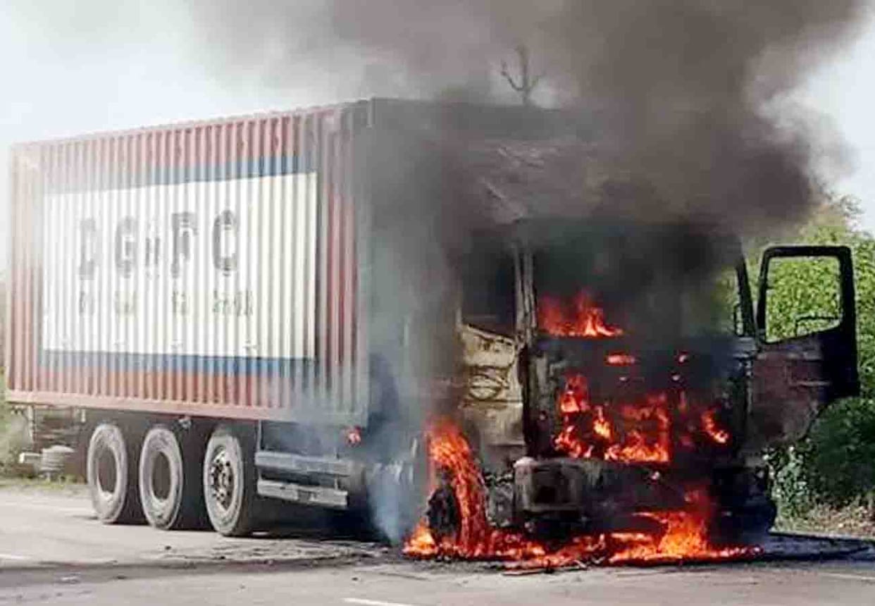 container truck caught fire