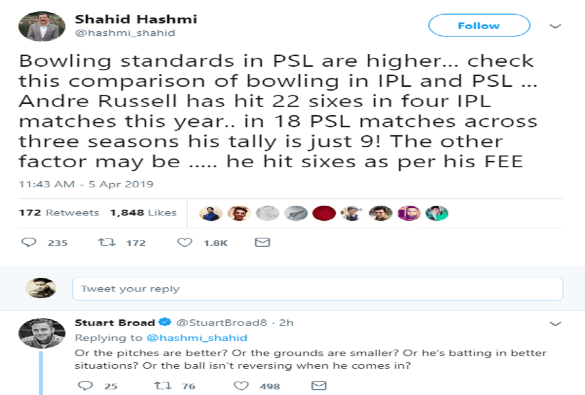 Broad gives befitting response to Pakistani journalist for degrading IPL bowling standards