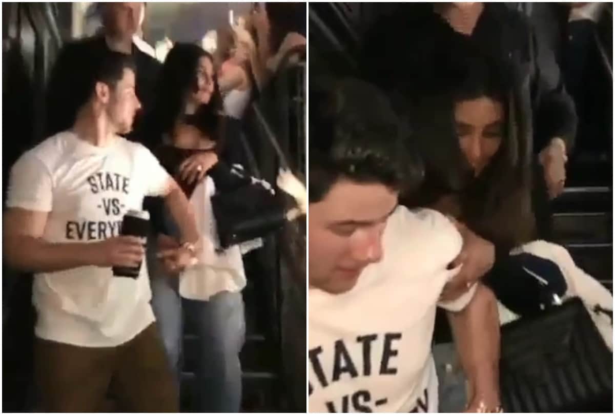 Priyanka Chopra almost falls and Nick Jonas come to her rescue Watch video