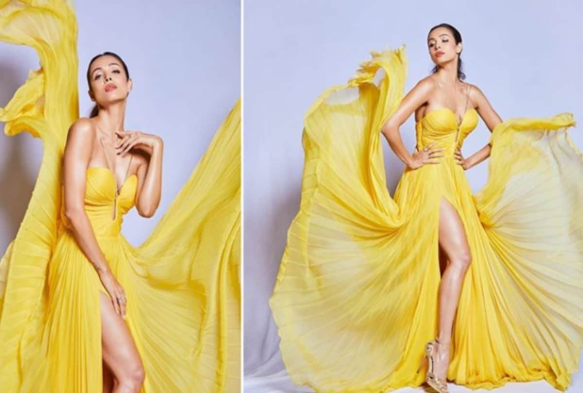 Malaika Arora look stunning in yellow thigh high slit sheer gown