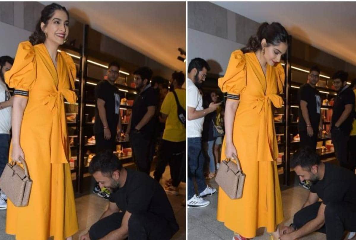 sonam kapooor husband anand ahuja tie her shoe lace at store launch event