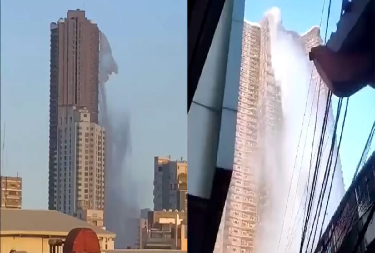 earthquake viral video shows rooftop swimming pool pour down skyscraper in Manila Philippines 