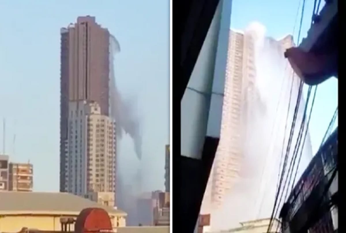 earthquake viral video shows rooftop swimming pool pour down skyscraper in Manila Philippines 
