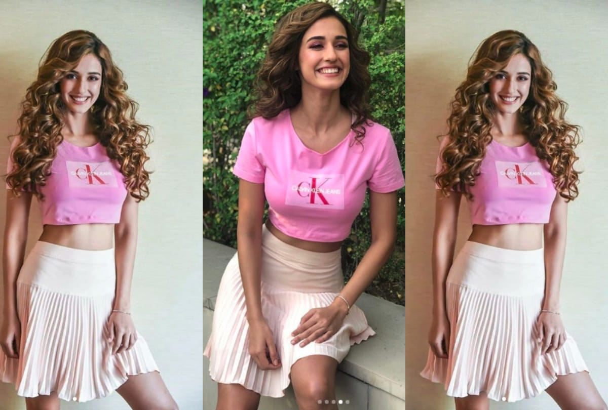 disha patani flaunts calvin klein look in pink crop top skirt