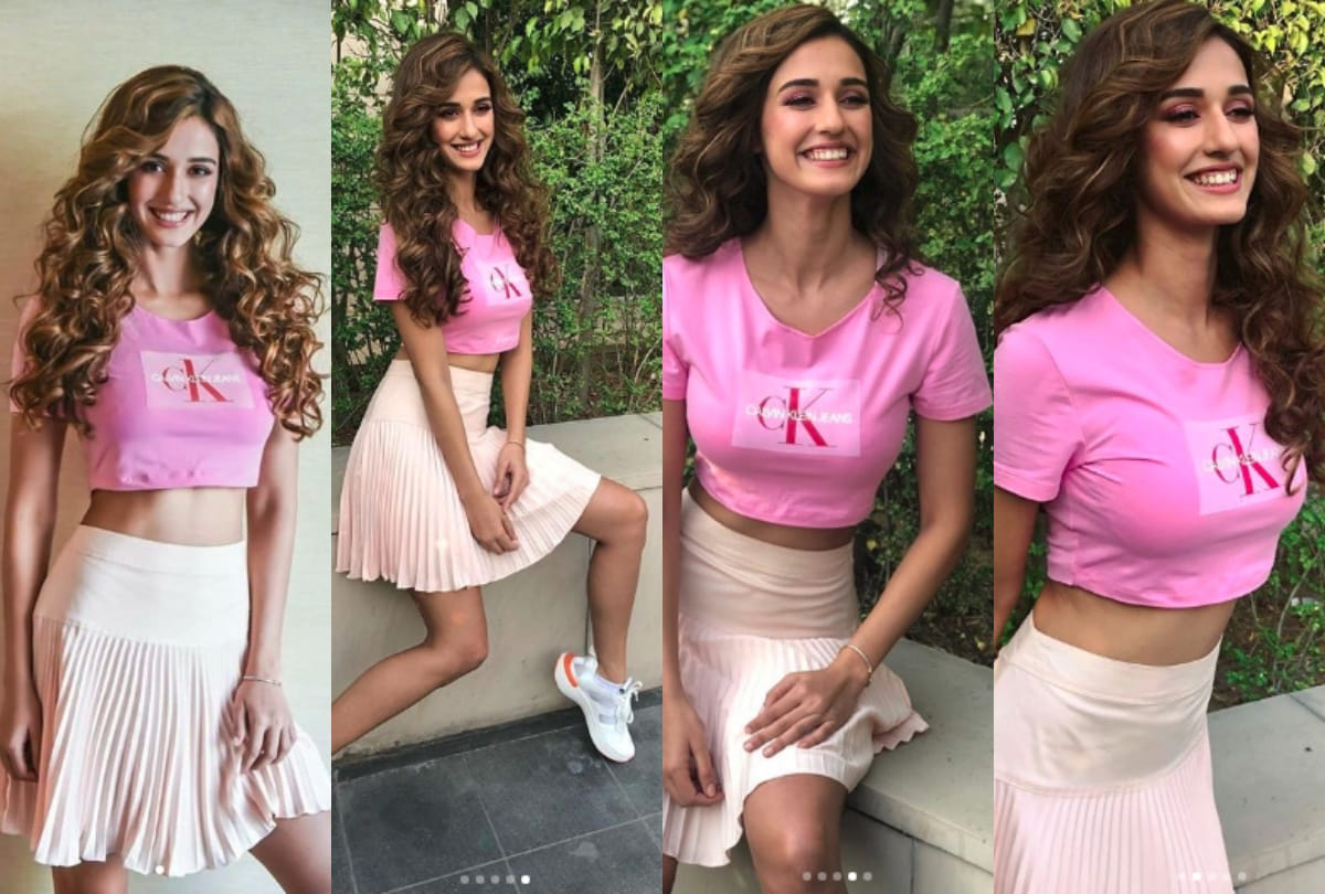 disha patani flaunts calvin klein look in pink crop top skirt