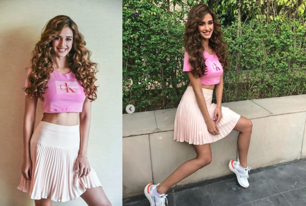disha patani flaunts calvin klein look in pink crop top skirt
