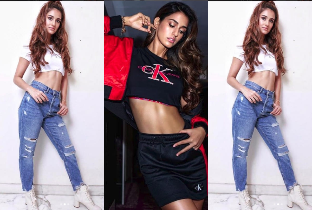 disha patani flaunts calvin klein look in pink crop top skirt