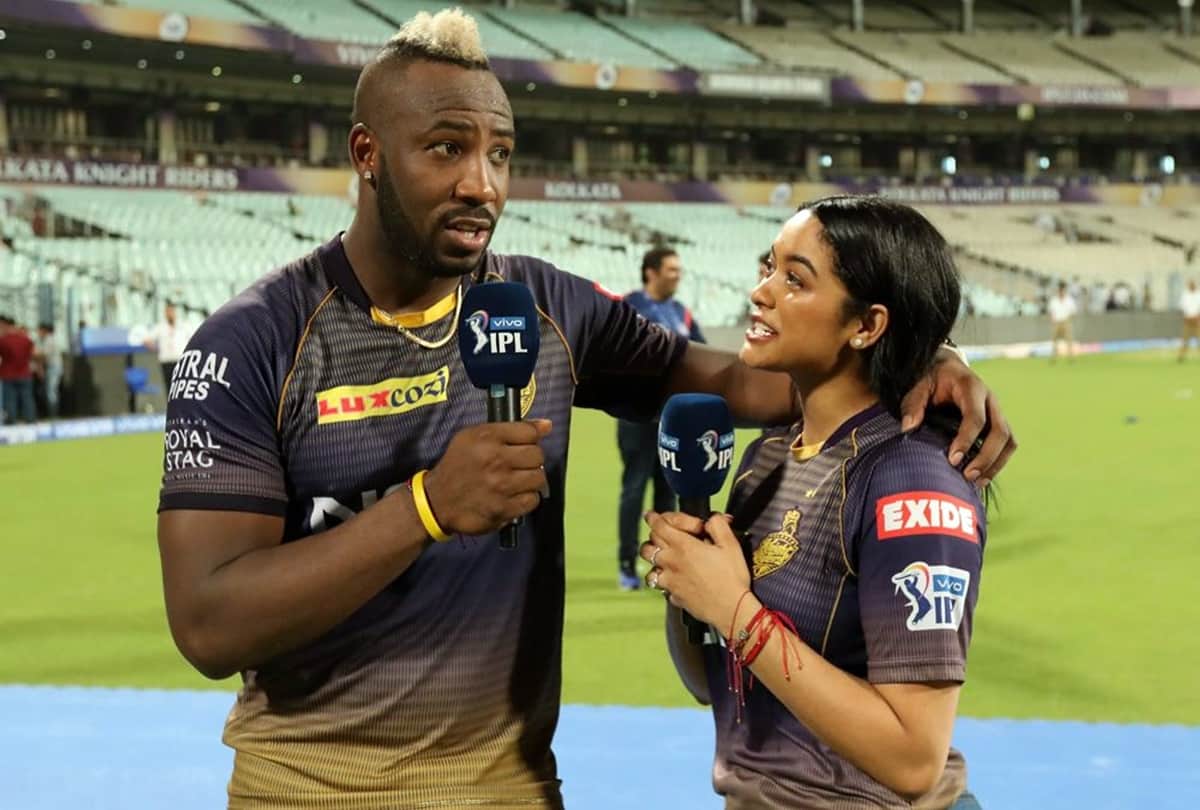 Andre Russell interviewed by wife Jassym Lora on his birthday after match winning against MI