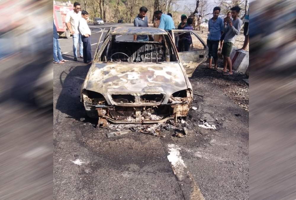 Running Car caught fire in tehri five passengers save their life hardly
