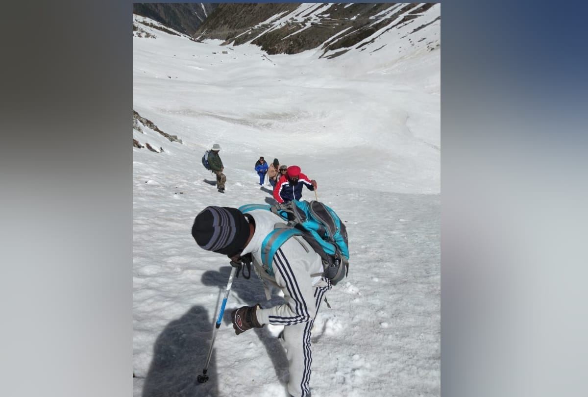 trekkers on route to holy mani mahesh kailash mountain chamba himachal pradesh