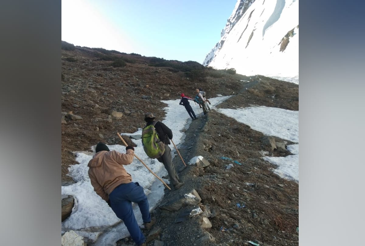 trekkers on route to holy mani mahesh kailash mountain chamba himachal pradesh