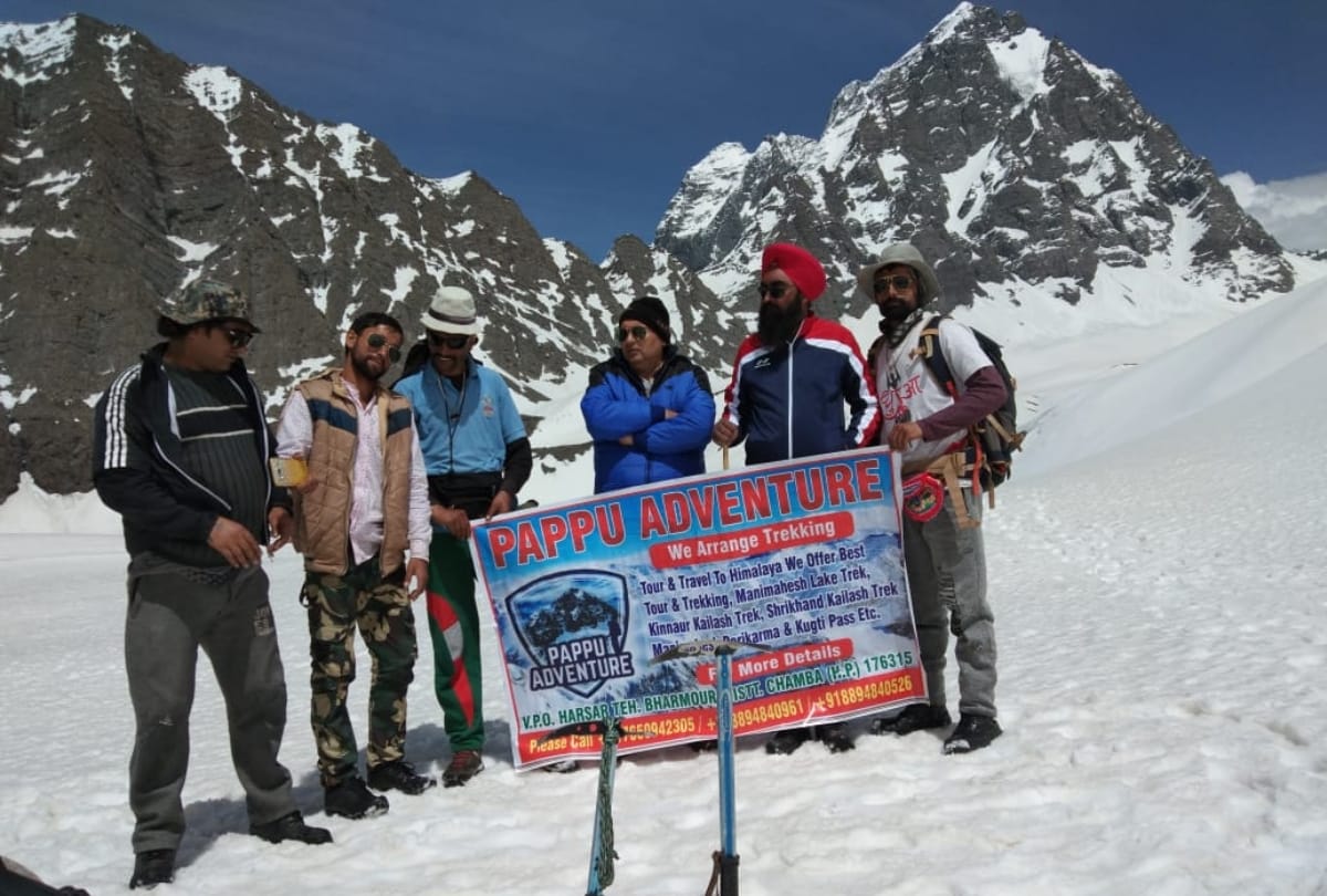 trekkers on route to holy mani mahesh kailash mountain chamba himachal pradesh