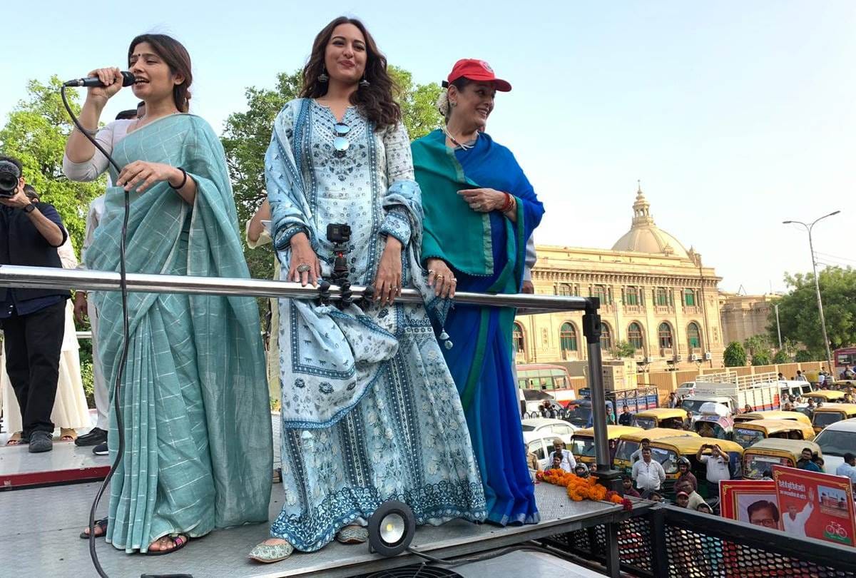 lok sabha election 2019 : sonakshi sinha and dimple yadav joins poonam sinha in road show at lucknow