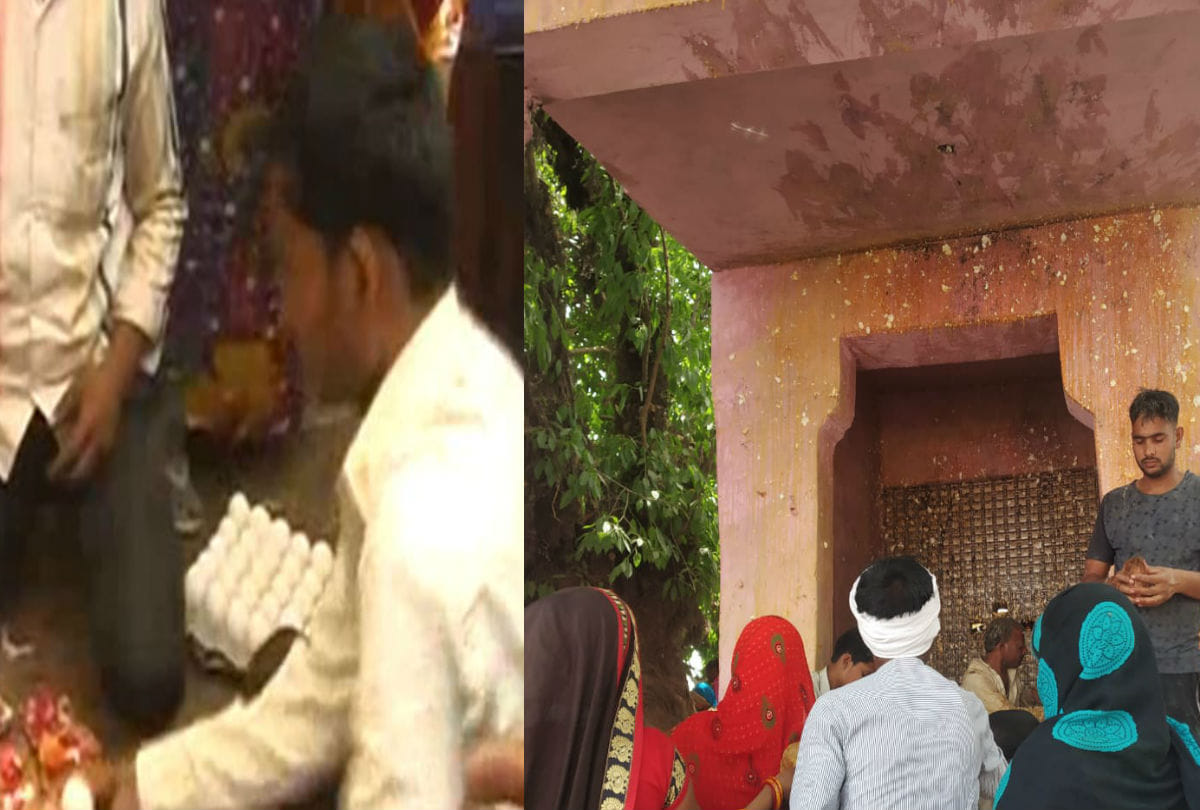 devotees worship in nagar sen temple with egg at firozabad