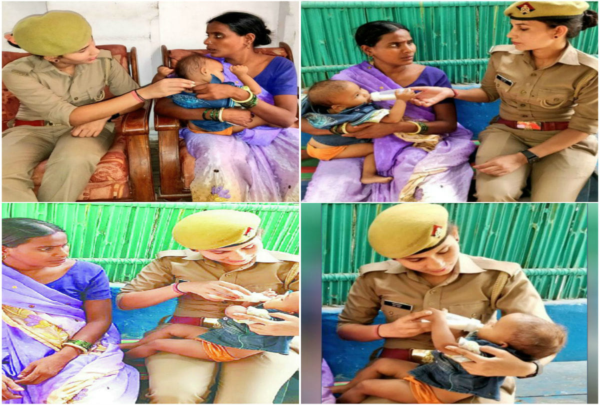 UP police lady constable photos goes viral with baby in etah