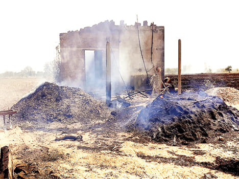 A fire in the cattle farm from the spark of the hightation line