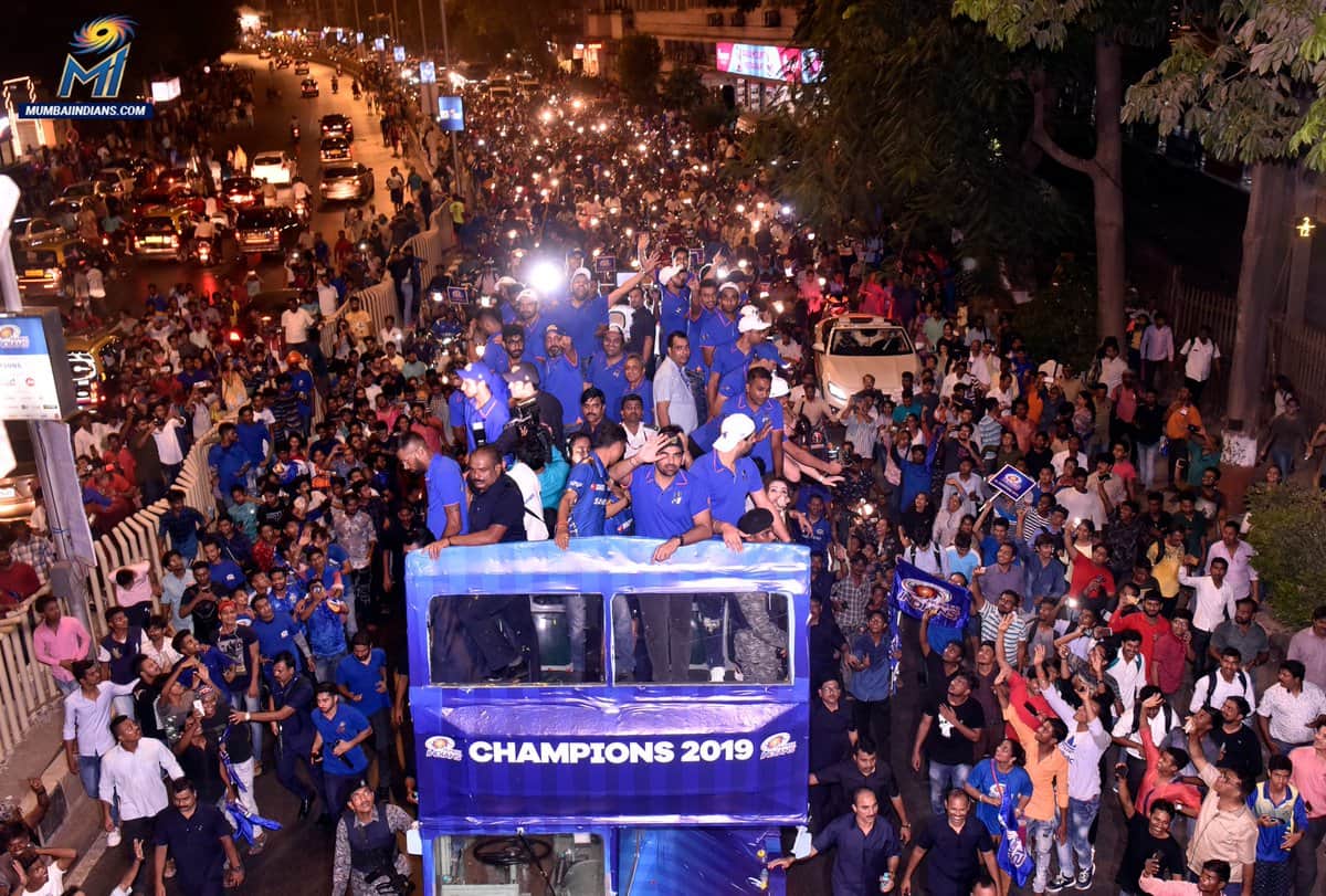 Mumbai Indians celebrated their historic fourth IPL win in an open bus on mumbai streets