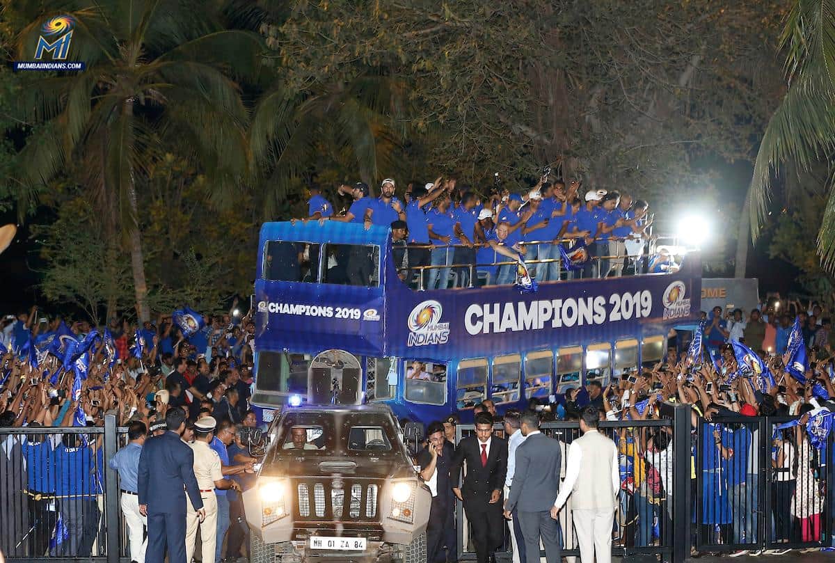 Mumbai Indians celebrated their historic fourth IPL win in an open bus on mumbai streets