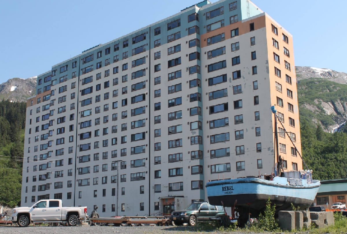 Begich Towers whittier Alaska a complete town in one 14 storey building