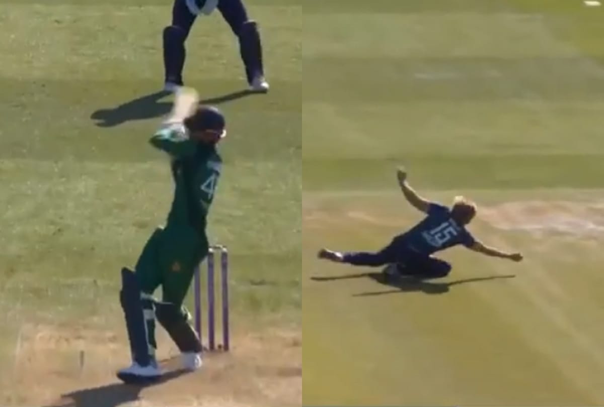 england David willey takes brilliant running catch to remove shaheen afridi in third one day match