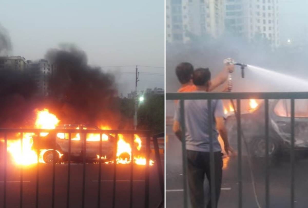 car caught fire on saheed path in lucknow