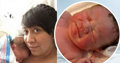 new born baby holding contraceptive in his hand during parturition