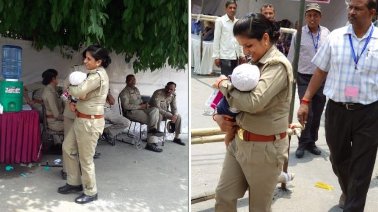 woman constable with her infant at counting centre