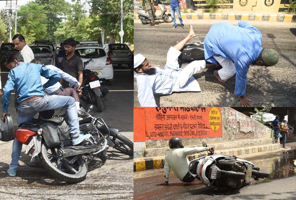 many people injured when oil got spread on the road in lucknow