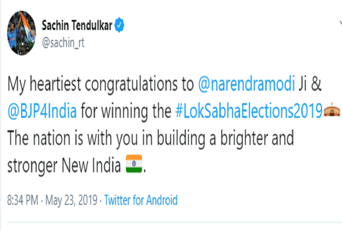 Sachin sehwag and other cricketers congratulates narendra modi over election victory