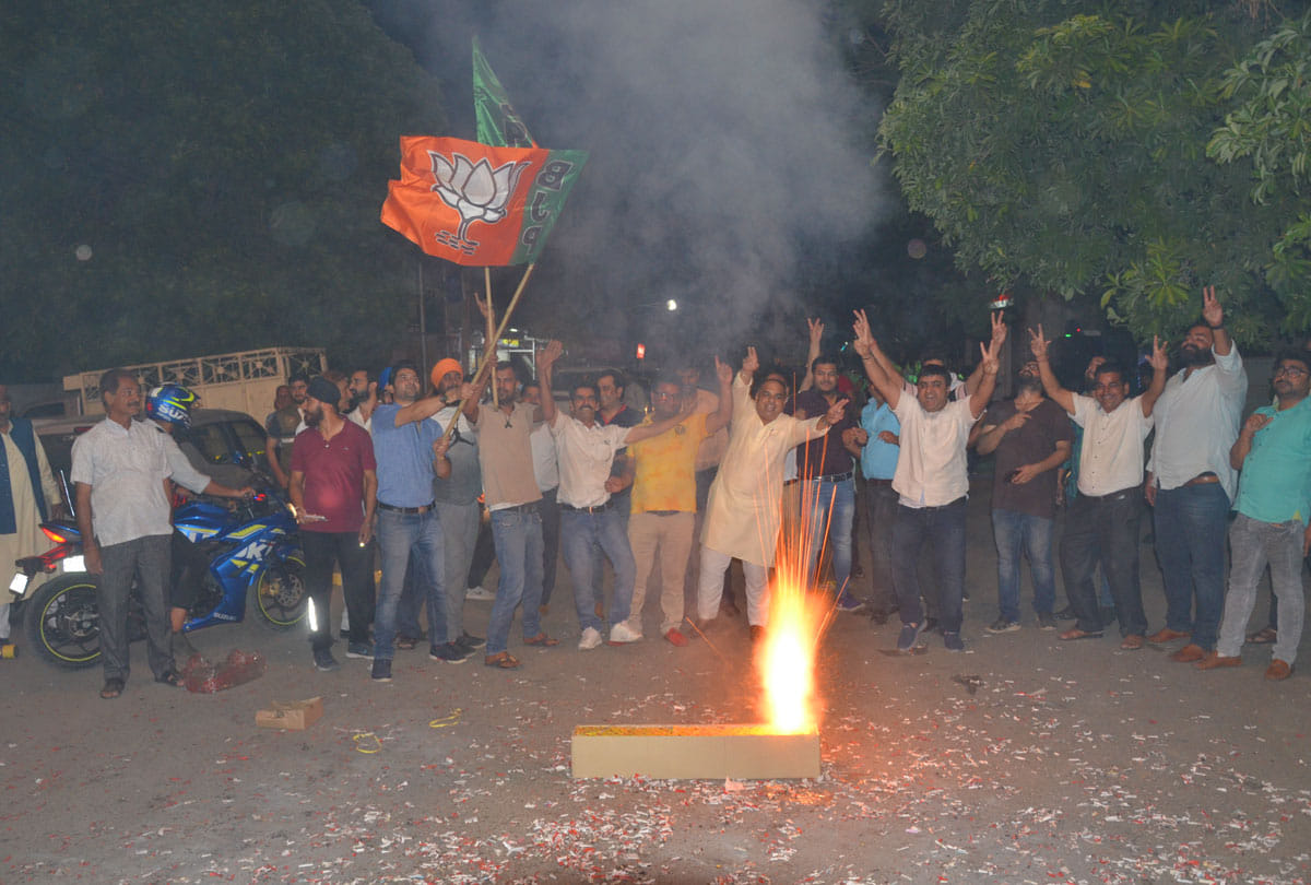 Celebrating at residence of Dr. Jitendra Singh, supporters, activists fireworks and DJ tunes