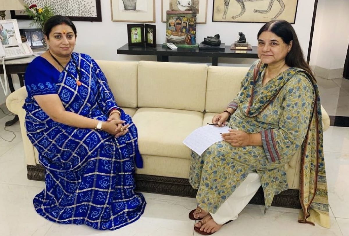 Women and Child Development Minister Smriti Irani meets former Union minister Maneka Gandhi