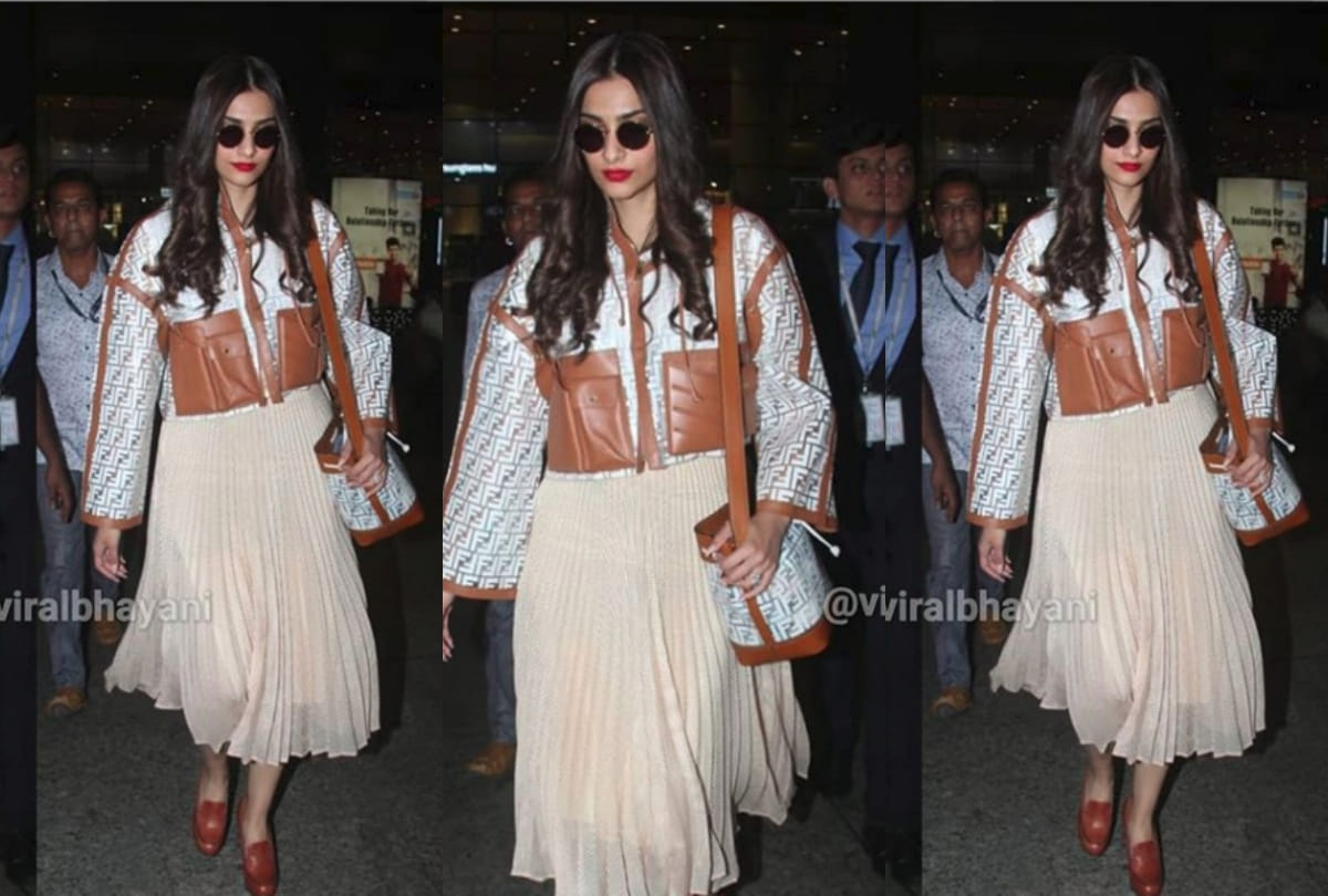 bollywood style diva sonam kapoor spot at airport wearing fendi luxury jacket worth 1.8 lakh rupees
