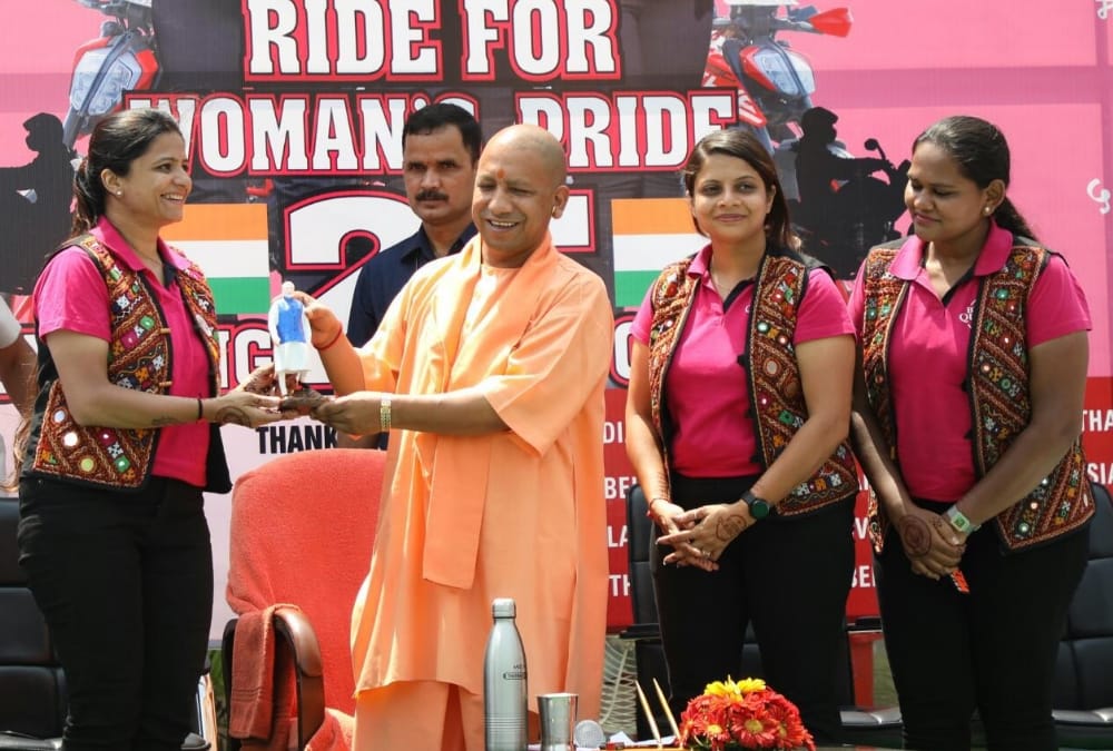 Yogi Adityanath flags off biking queens of Surat in Lucknow.