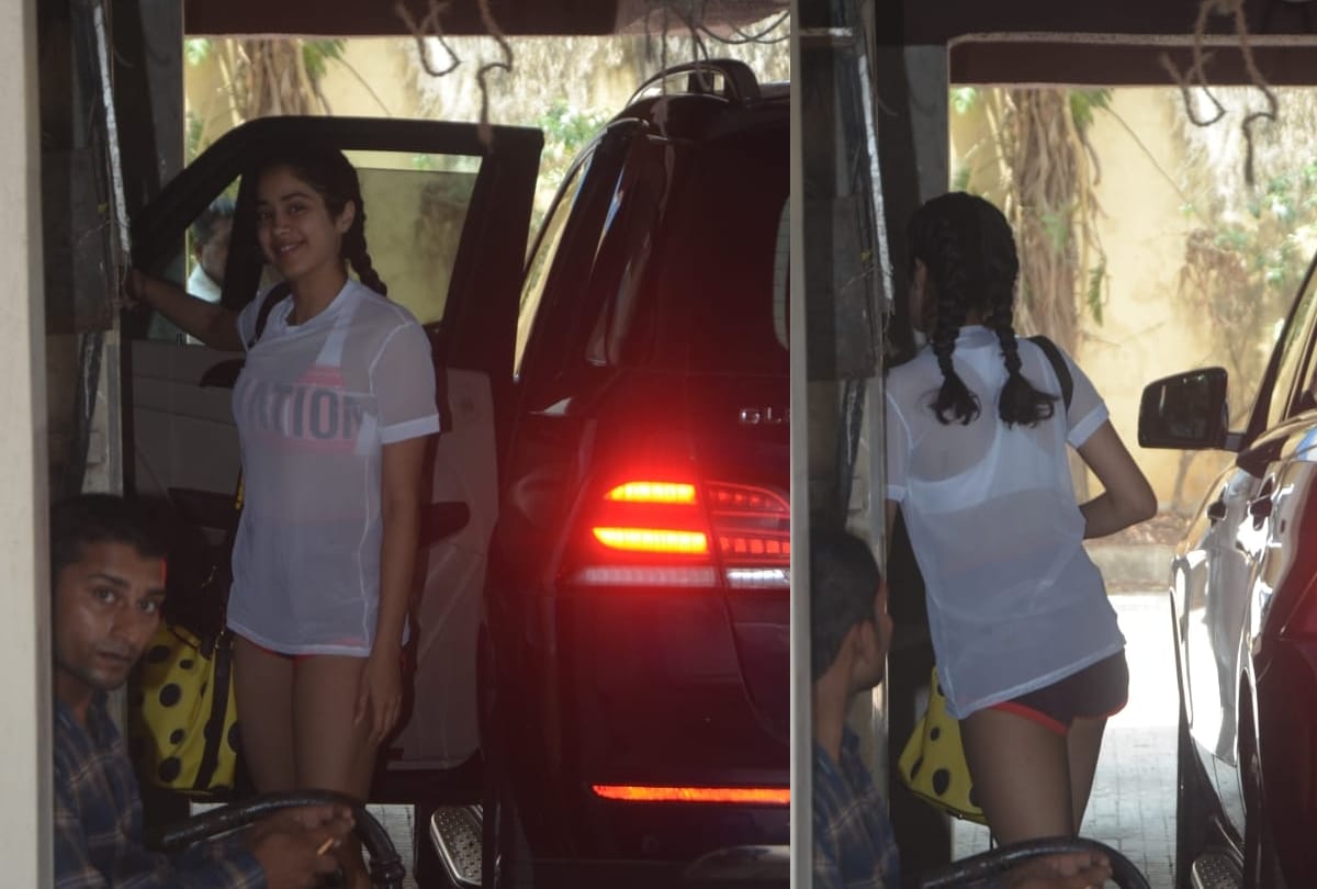 Janhvi Kapoor looking hot in sheer top over sports bra with mini shorts