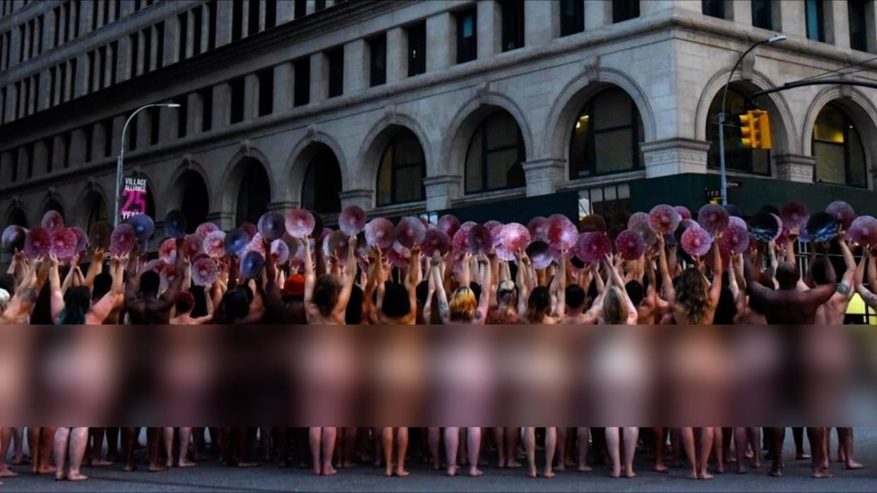 women protest front of facebook headquarter in new york