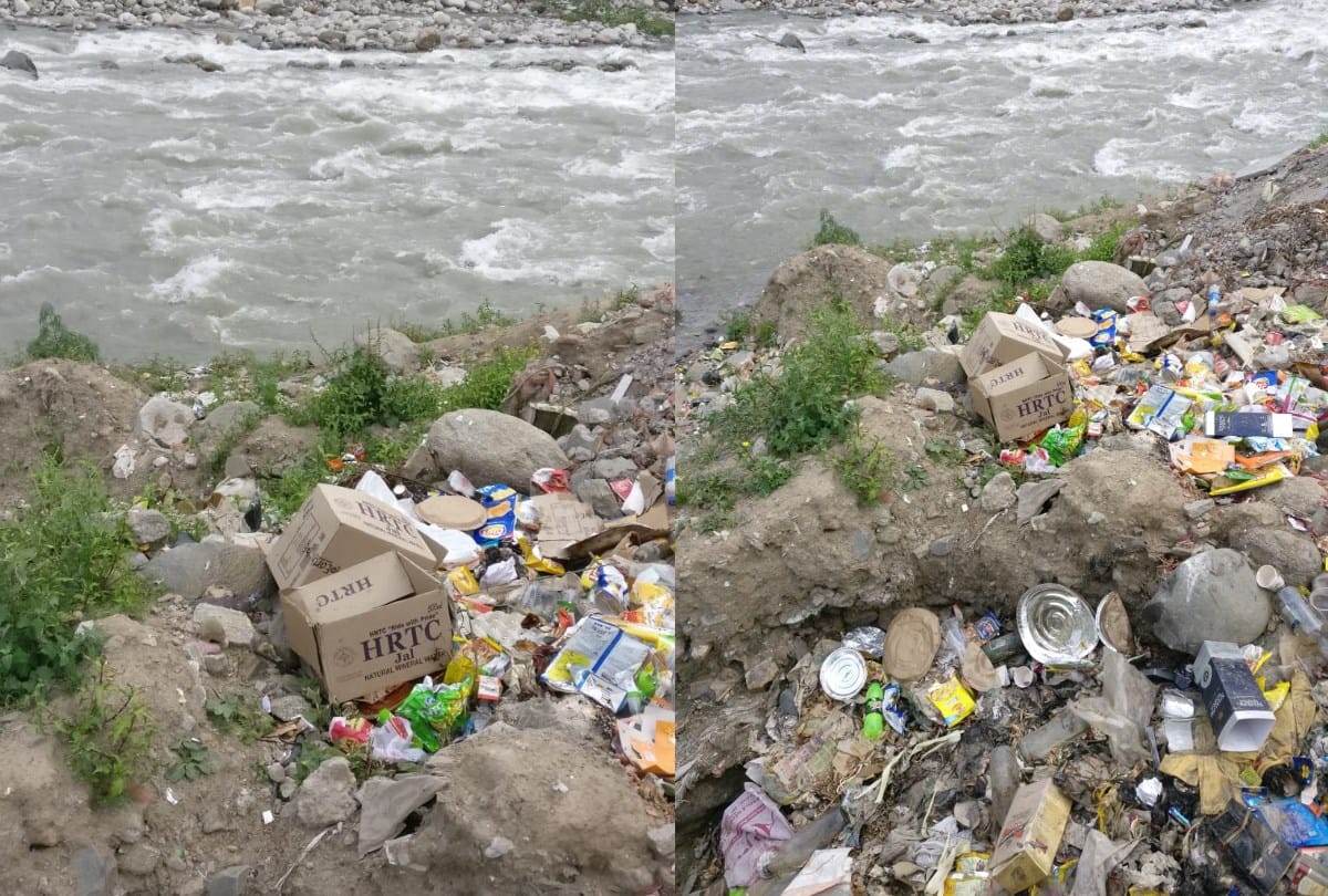 peoples dumping garbage bear bear river manali kullu himachal pradesh