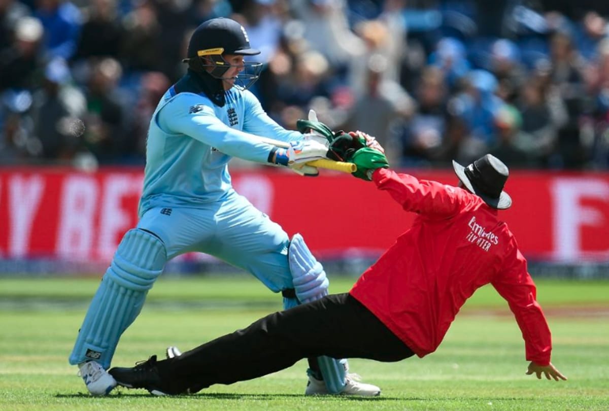England's Jason Roy knocks over umpire after World Cup hundred