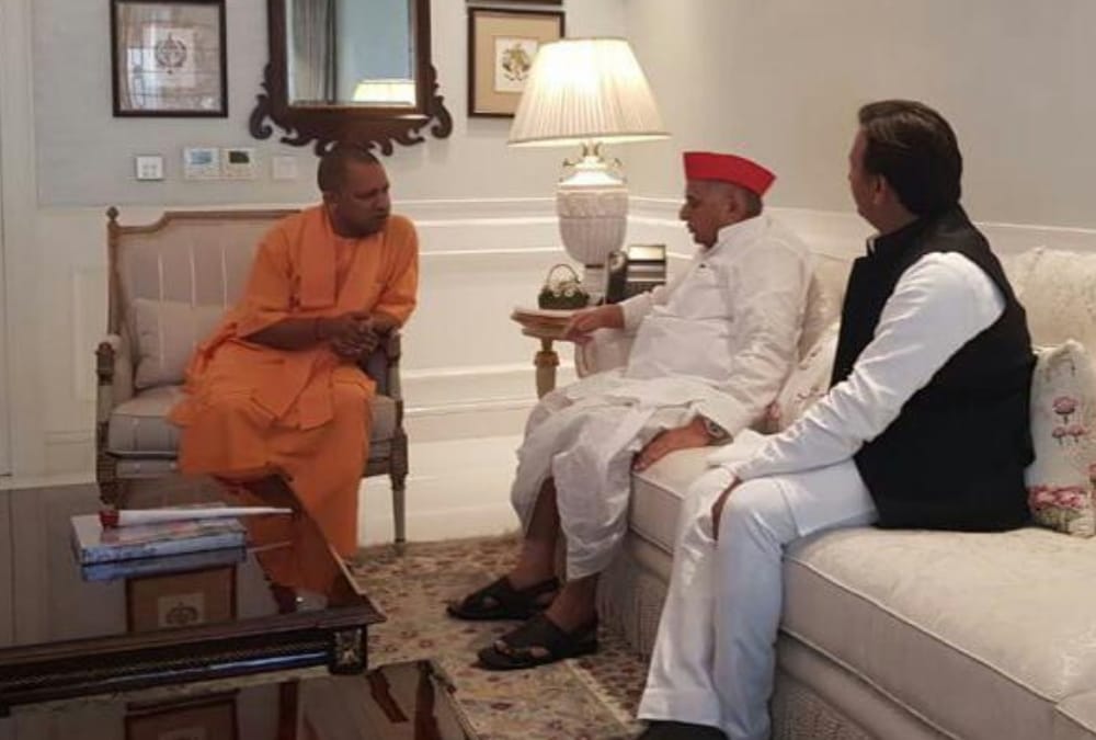 CM Yogi Adityanath meets Mulayam Singh Yadav in his home.