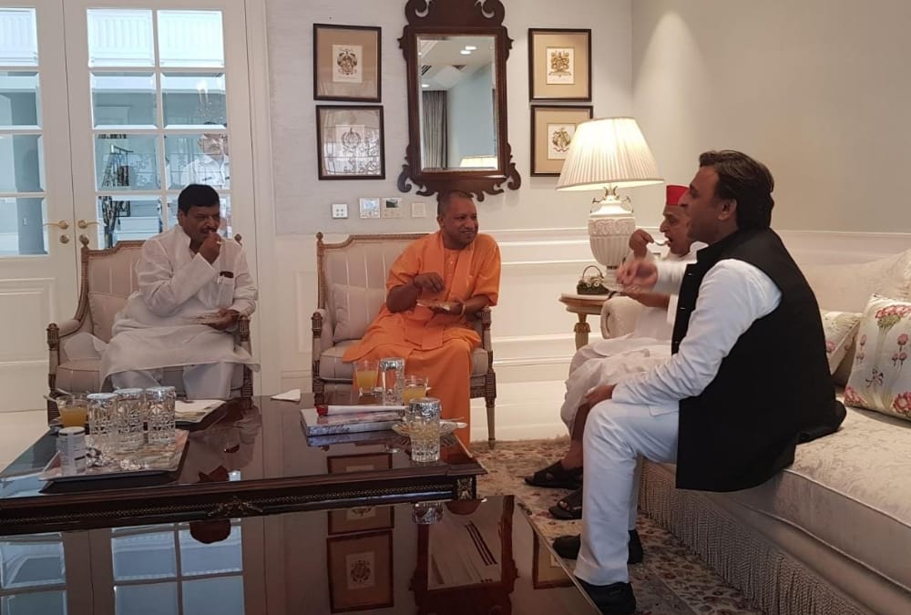 CM Yogi Adityanath meets Mulayam Singh Yadav in his home.