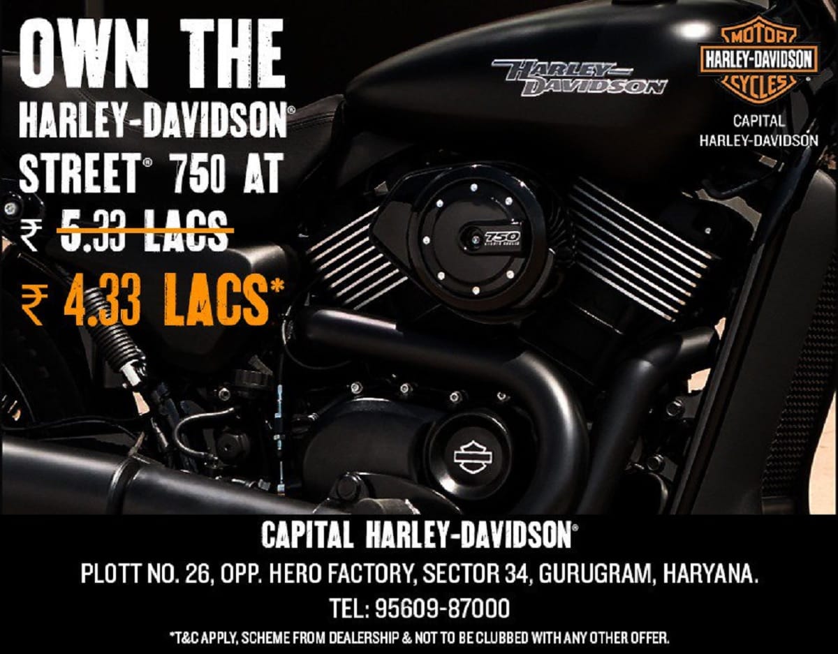 harley davidson street 750 bike available on rs 1 lakh discount. offer on limited harley's stock