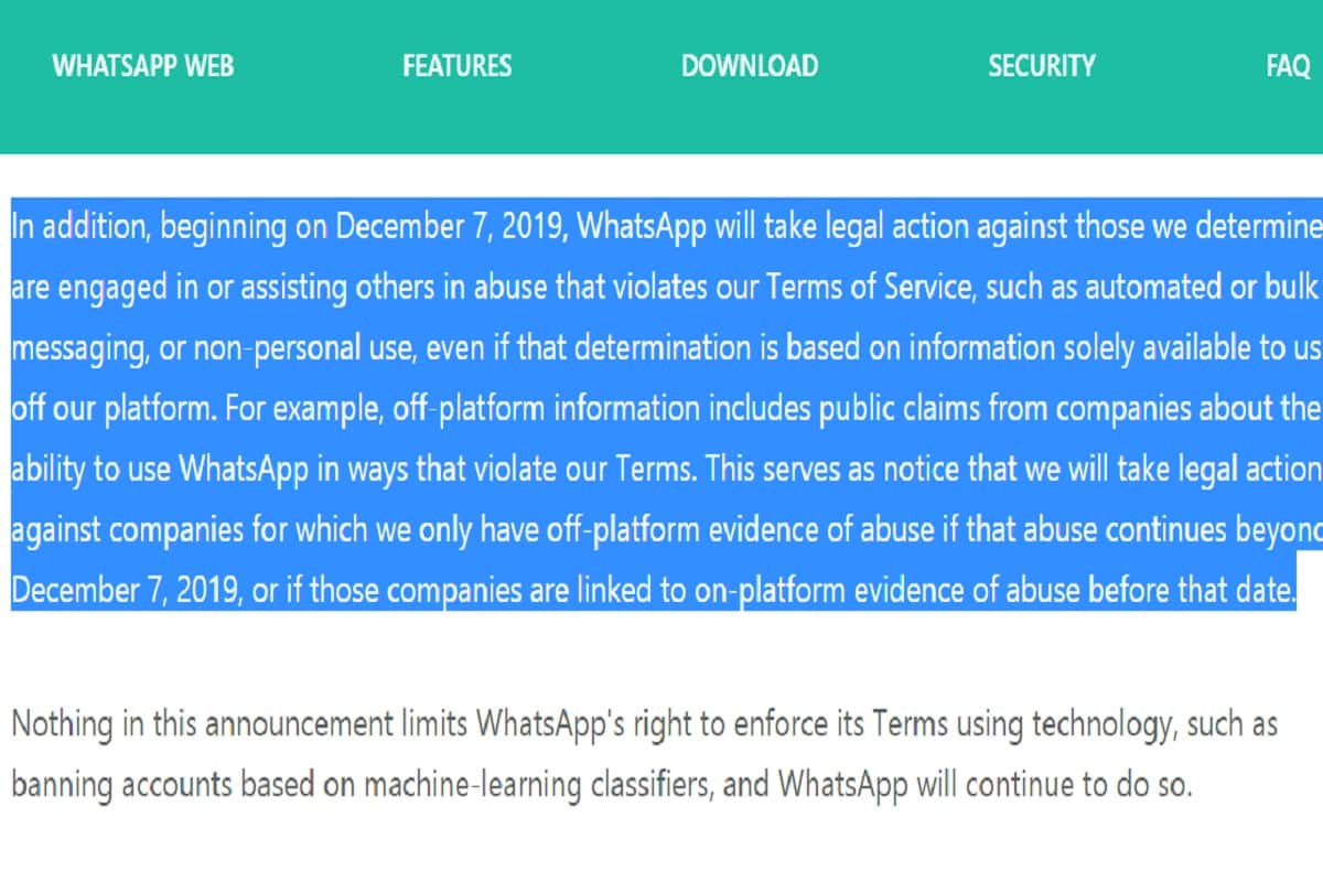 WhatsApp to take legal action against sending bulk messages, starting December 7, 2019